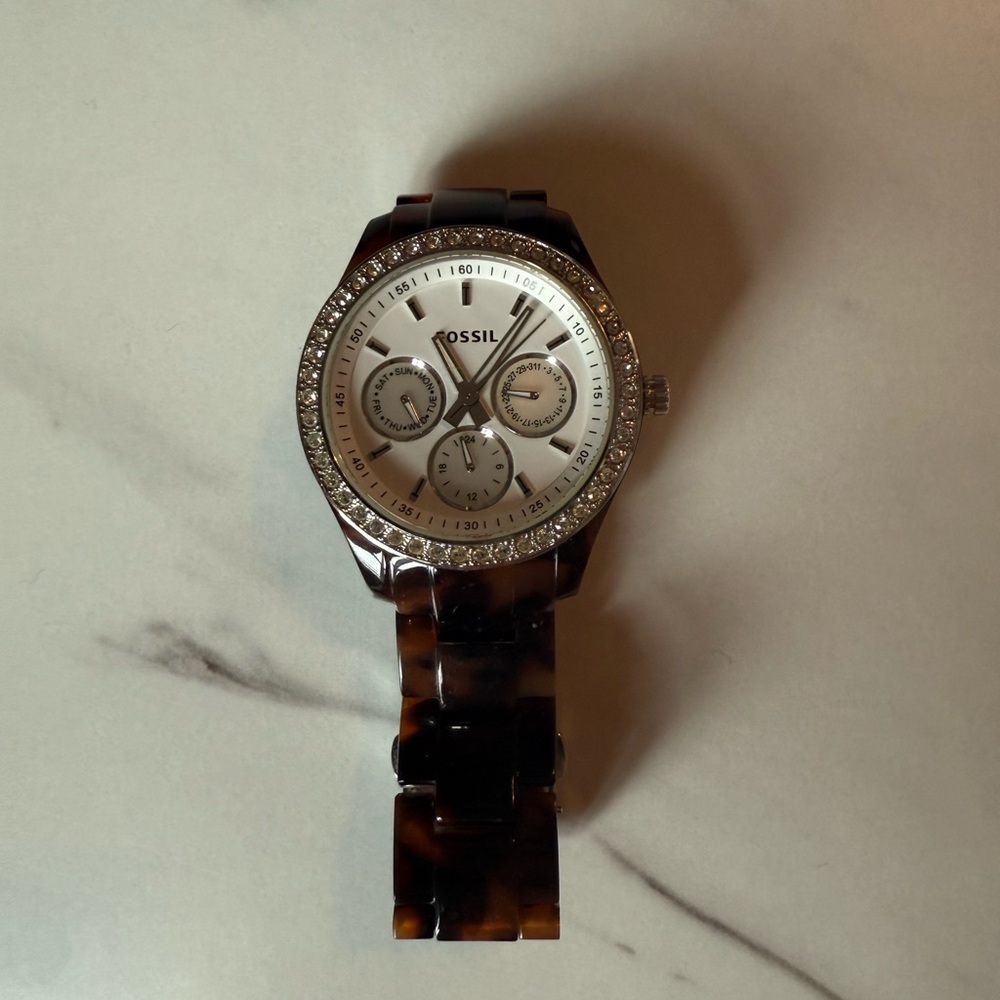Fossil Silver Dial Watch with Tortoise Strap